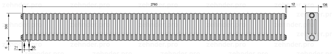 Схема (чертеж) Радиатор Zehnder Charleston 4030/60 №3370 Белый глянцевый RAL 9016